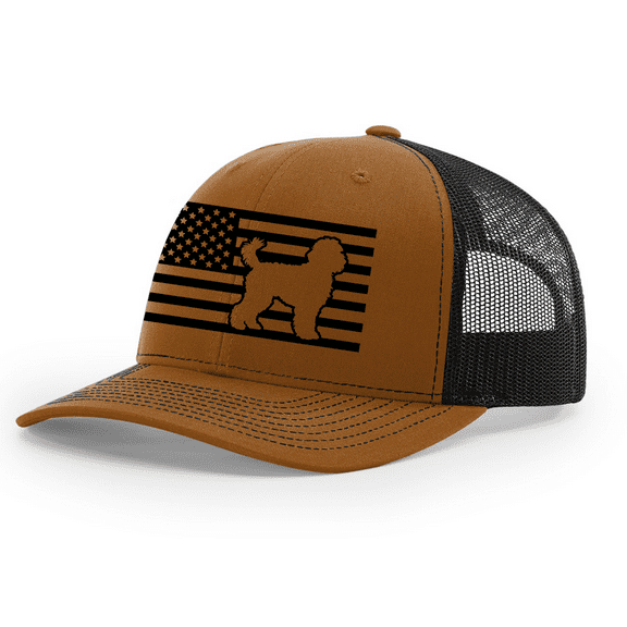 Heritage Pride Canine Collection Golden Doodle American Flag Embroidered Mesh Back Trucker Hat, Caramel/Black