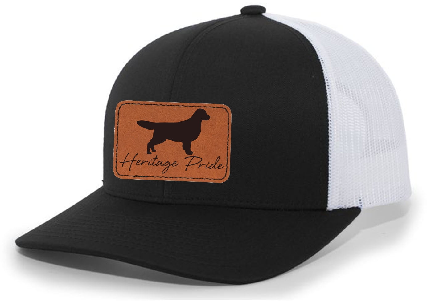Heritage Pride Canine Collection Golden Retriever Duck Hunting Dog Mens Engraved Leather Patch Mesh Back Trucker Hat, Black/White