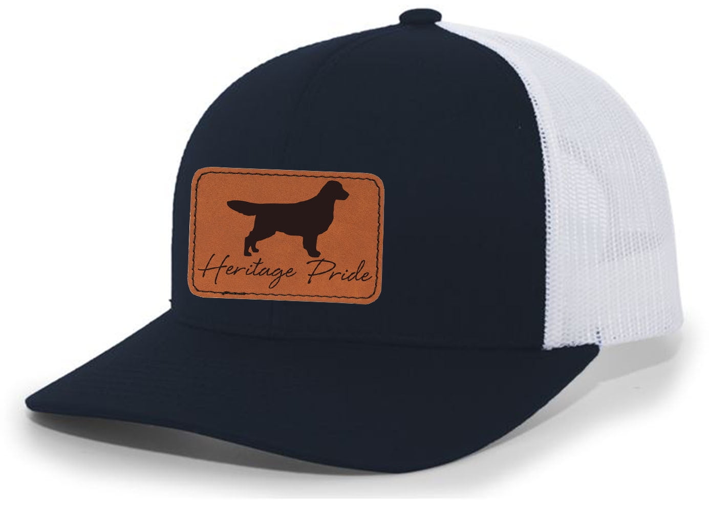 Heritage Pride Canine Collection Golden Retriever Duck Hunting Dog Mens Engraved Leather Patch Mesh Back Trucker Hat, Navy/White