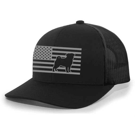 Heritage Pride Canine Collection Pug American Flag Embroidered Mesh Back Trucker Hat, Black/Black