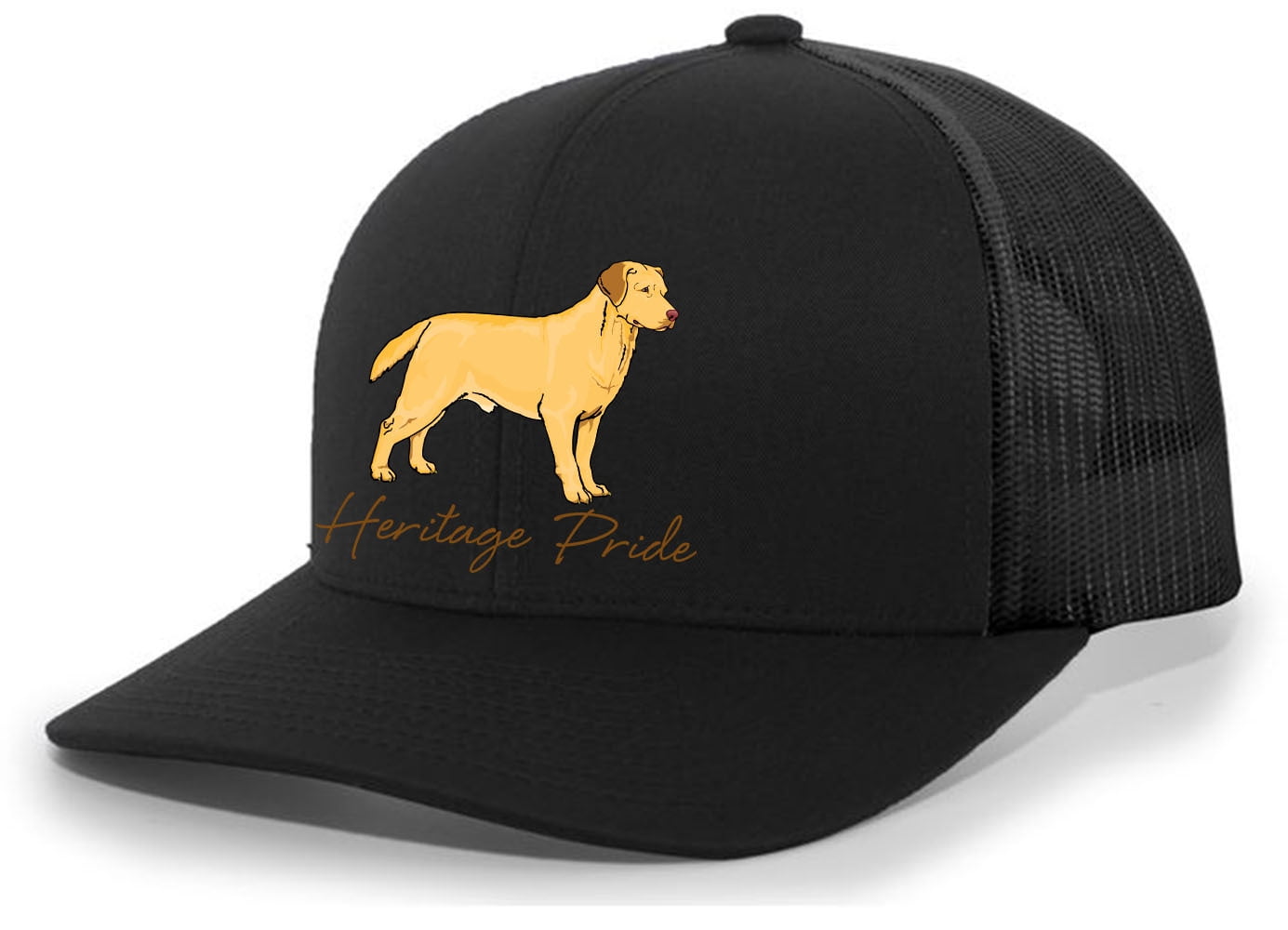 Heritage Pride Canine Collection Yellow Lab Labrador Retriever Hunting Dog Mens Embroidered Mesh Back Trucker Hat, Black/Black