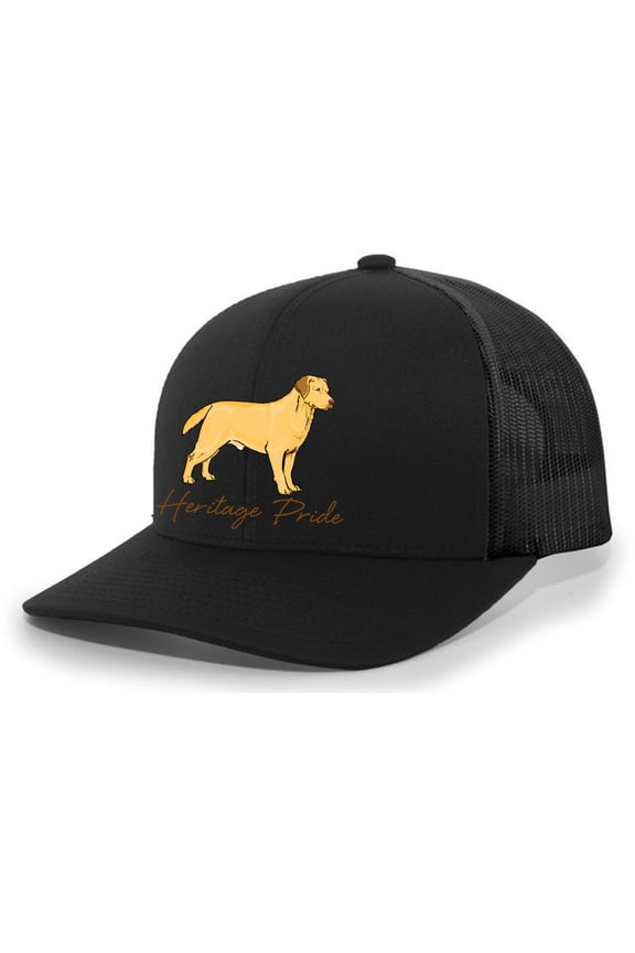 Canine Collection Yellow Lab Labrador Retriever Hunting Dog Mens Embroidered Mesh Back Trucker Hat, Black/Black