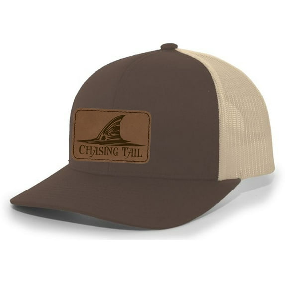 Heritage Pride Chasing Tail Fish Laser Engraved Leather Mens Trucker Hat Baseball Cap, Brown/Khaki