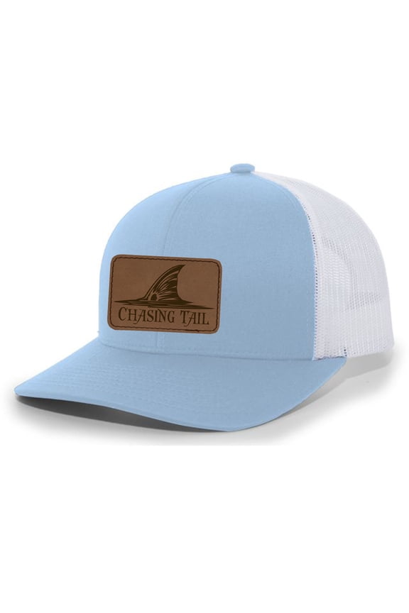 Chasing Tail Fish Laser Engraved Leather Mens Trucker Hat Baseball Cap, Columbia Blue/White