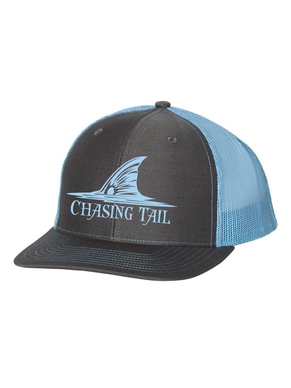 Chasing Tail Redfish Mens Embroidered Mesh Back Trucker Hat, Charcoal/Neon Blue