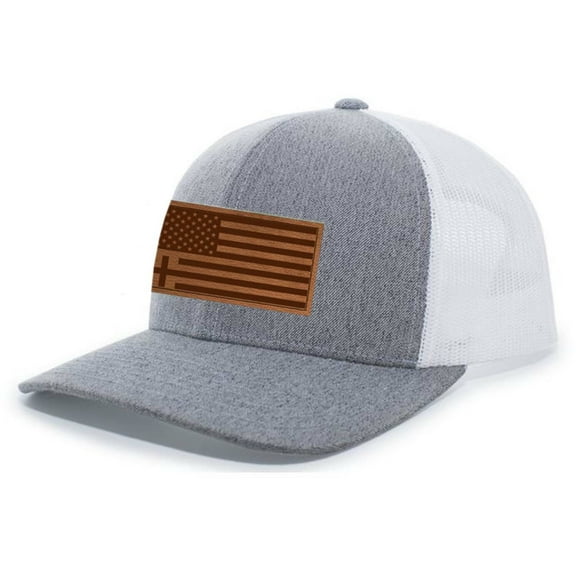 Heritage Pride Christian American Flag Cross Laser Engraved Leather Patch Mesh Back Trucker Hat, Heather Grey/White