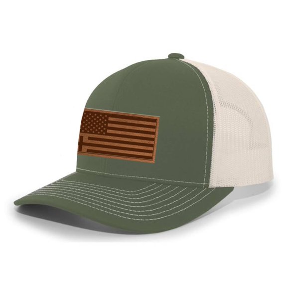 Heritage Pride Christian American Flag Cross Laser Engraved Leather Patch Mesh Back Trucker Hat, Moss/Beige