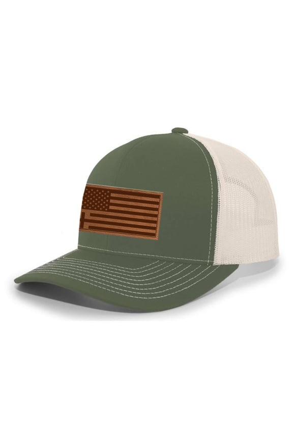 Heritage Pride Christian American Flag Cross Laser Engraved Leather Patch Mesh Back Trucker Hat, Moss/Beige