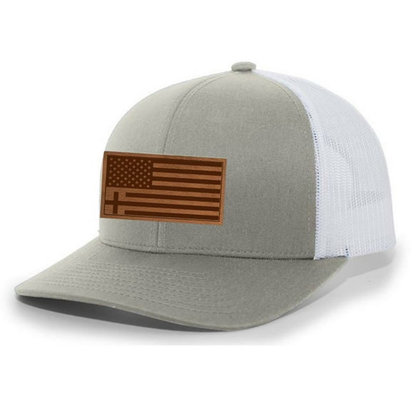 Heritage Pride Christian American Flag Cross Laser Engraved Leather Patch Mesh Back Trucker Hat, Silver/White