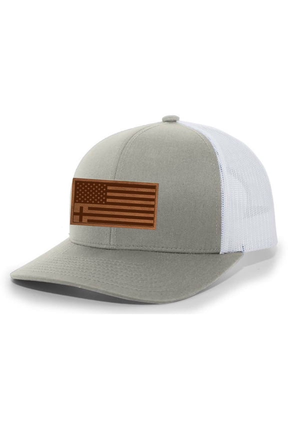 Heritage Pride Christian American Flag Cross Laser Engraved Leather Patch Mesh Back Trucker Hat, Silver/White