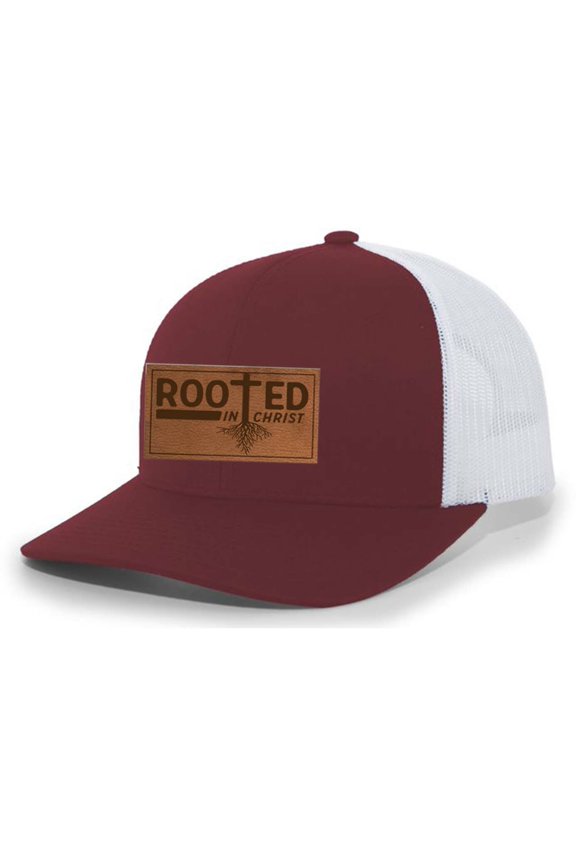 Heritage Pride Christian Rooted In Christ Laser Engraved Leather Patch Mesh Back Trucker Hat, Cardinal/White