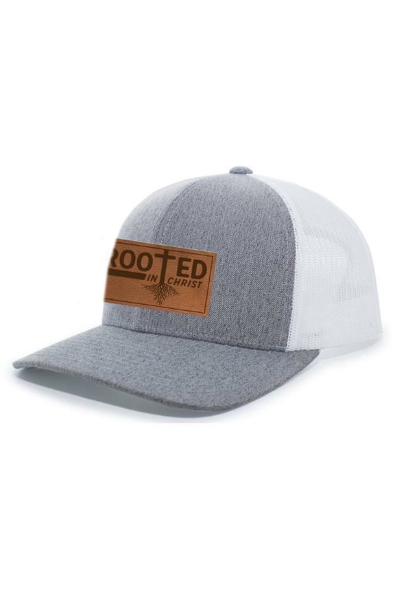 Heritage Pride Christian Rooted In Christ Laser Engraved Leather Patch Mesh Back Trucker Hat, Heather Grey/White