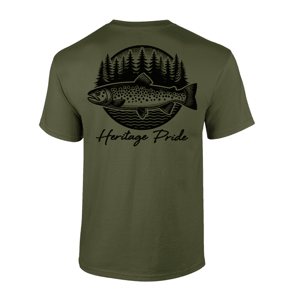 Heritage Pride Circle Trout Fishing Outdoors Short Sleeve T-shirt-Military Green-6xl
