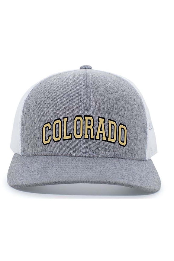 Colorado Football Team Color State Name Embroidered Mesh Back Trucker Hat-Colorado-Heather Grey/White
