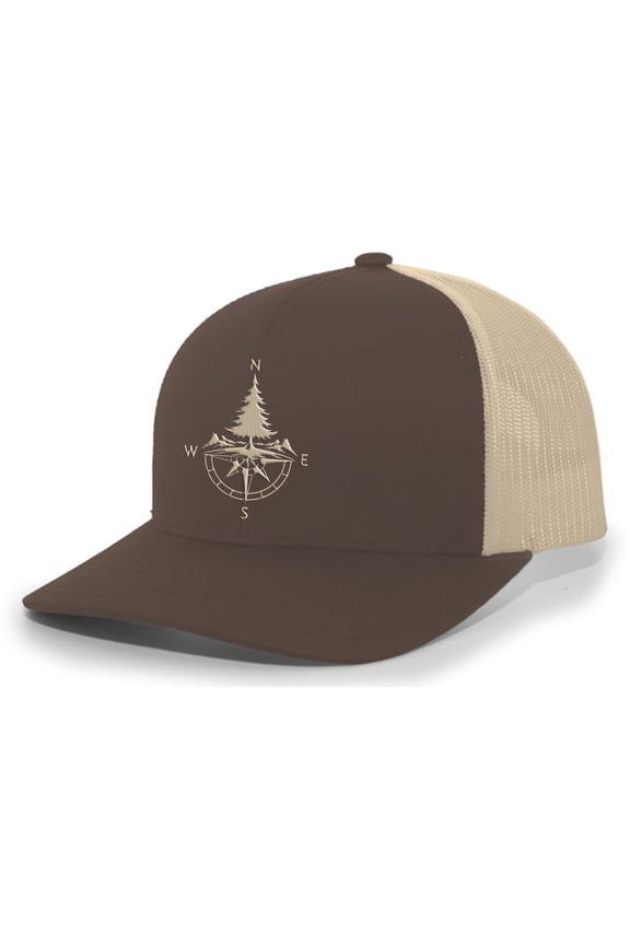 Compass and Pine Tree Nature Mens Embroidered Mesh Back Trucker Hat Baseball Cap, Brown/Khaki