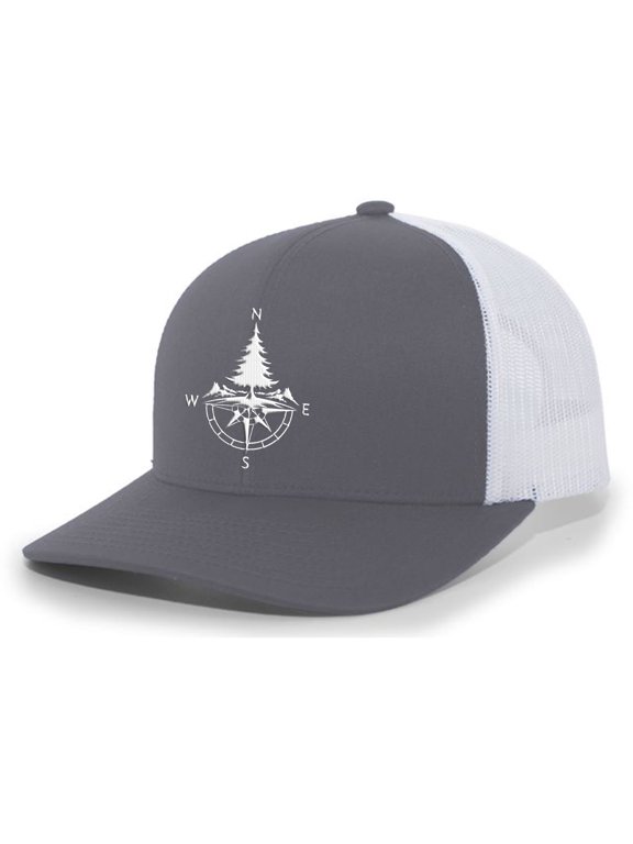 Compass and Pine Tree Nature Mens Embroidered Mesh Back Trucker Hat Baseball Cap, Charcoal/White