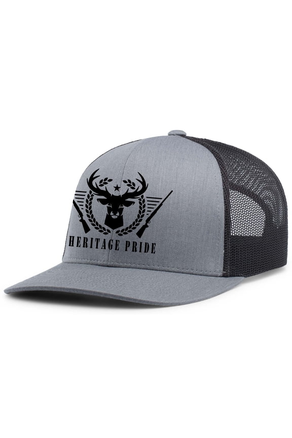 Deer Head with Guns Antlers Outdoors Mens Embroidered Mesh Back Trucker Hat, Heather Grey/Black