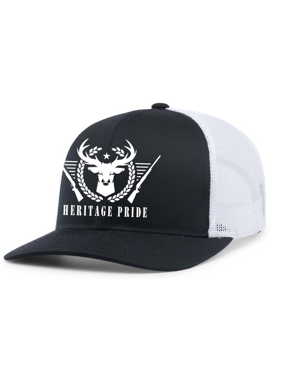 Deer Head with Guns Antlers Outdoors Mens Embroidered Mesh Back Trucker Hat, Navy/White