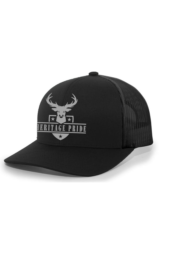 Deer Hunting Deer Head Shield Mens Embroidered Mesh Back Trucker Hat, Black/Black