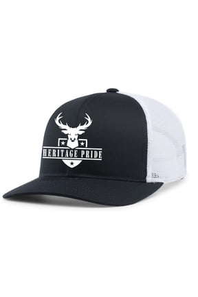 Deer Hunting Deer Head Shield Mens Embroidered Mesh Back Trucker Hat, Navy/White