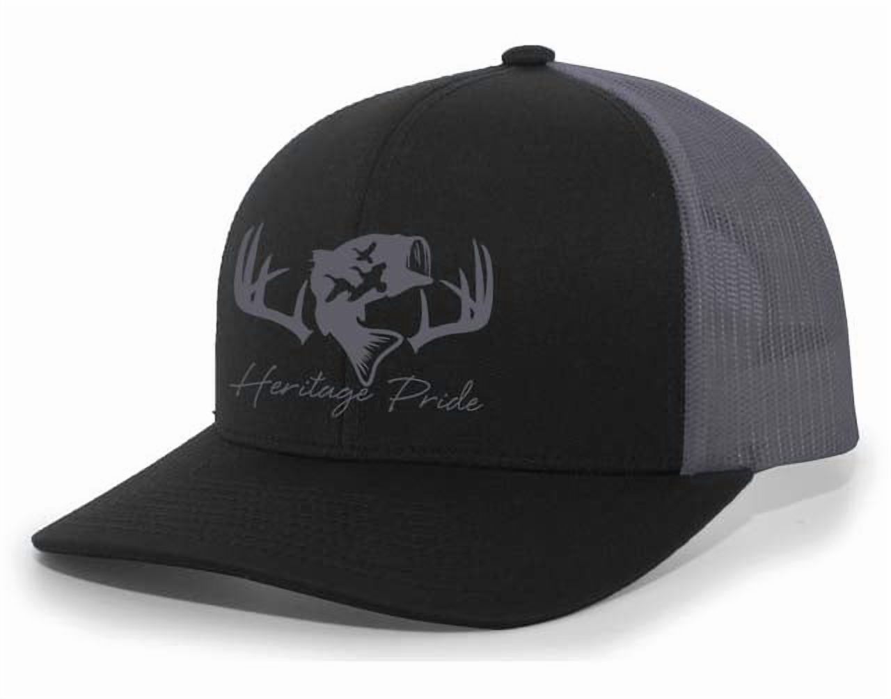 Heritage Pride Deer Hunting Fishing Duck Hunt Mens Embroidered Mesh Back Trucker Hat, Black/Charcoal