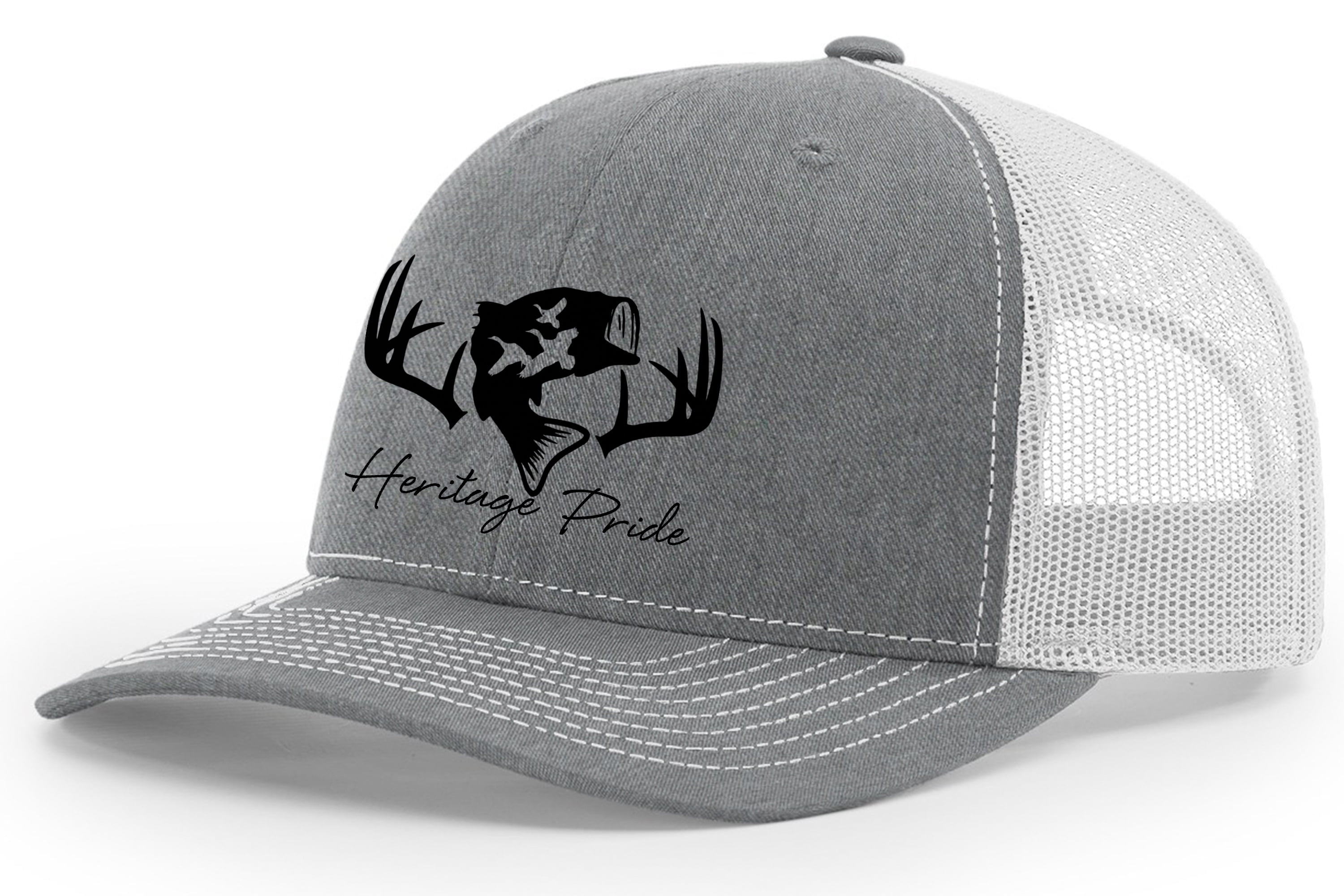 Heritage Pride Deer Hunting Fishing Duck Hunt Mens Embroidered Mesh Back  Trucker Hat, Silver/White