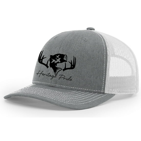 Heritage Pride Deer Hunting Fishing Duck Hunt Mens Embroidered Mesh Back Trucker Hat, Heather Grey/Light Grey