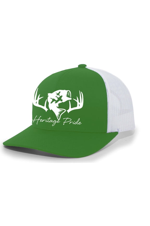 Deer Hunting Fishing Duck Hunt Mens Embroidered Mesh Back Trucker Hat, Kelly Green/White