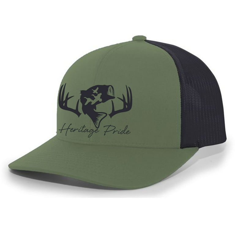 Heritage Pride Deer Hunting Fishing Duck Hunt Mens Embroidered Mesh Back  Trucker Hat, Loden/Black