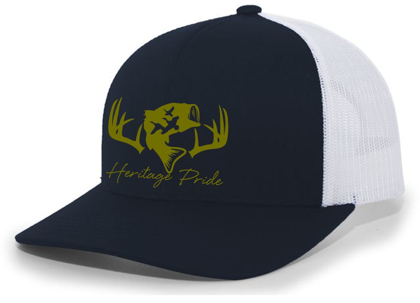 Heritage Pride Deer Hunting Fishing Duck Hunt Mens Embroidered Mesh Back  Trucker Hat, Navy/White