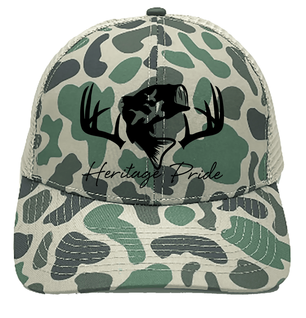 Heritage Pride Deer Hunting Fishing Duck Hunt Mens Embroidered Mesh Back  Trucker Hat, Silver/White 