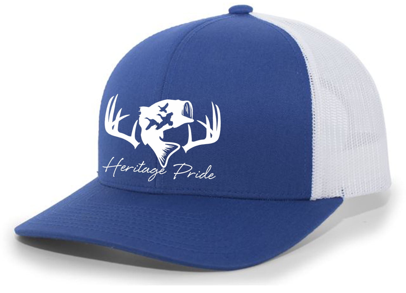 Heritage Pride Deer Hunting Fishing Duck Hunt Mens Embroidered Mesh Back  Trucker Hat, Navy/White 