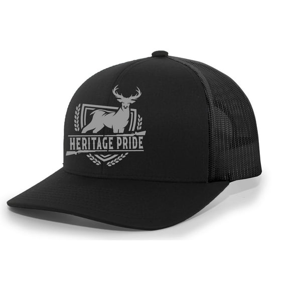 Heritage Pride Deer Hunting Shield Wildlife Mens Embroidered Mesh Back Trucker Hat, Black/Black