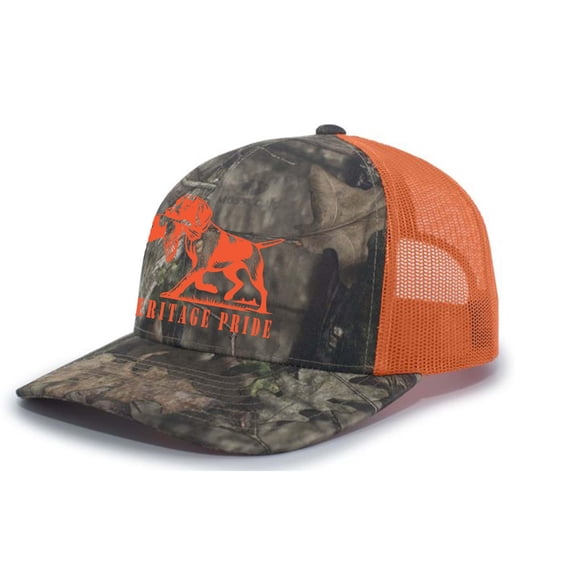 Heritage Pride Duck Hunting Dog Outdoors Hunting Mens Embroidered Mesh Back Trucker Hat, Breakup Camo/Orange/Breakup Camo
