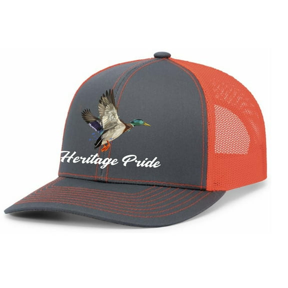 Heritage Pride Duck Hunting Outdoors Duck Embroidered Mens Embroidered Mesh Back Trucker Hat, Charcoal/Orange