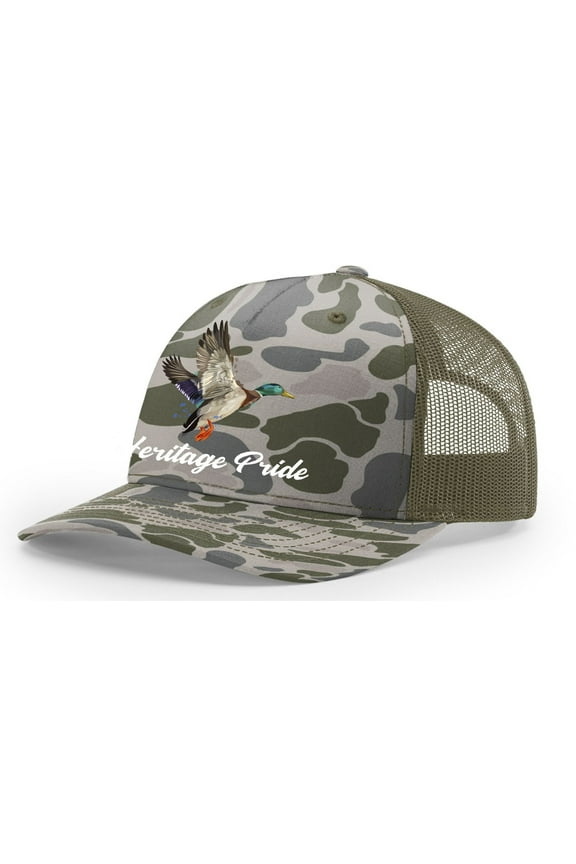 Duck Hunting Outdoors Duck Embroidered Mens Embroidered Mesh Back Trucker Hat, Marsh Duck Camo/Loden