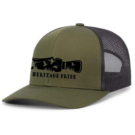 Heritage Pride Duck Hunting Outdoors Scenic Duck Call Mens Embroidered Mesh Back Trucker Hat, Loden/Black
