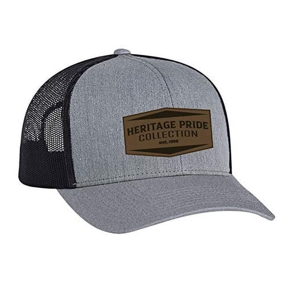 Heritage Pride EST. 1998 Leather Patch Trucker Snapback Hat-Hether Gray-Light Charcoal Mesh