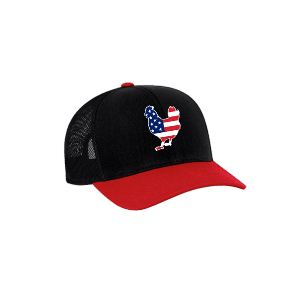 Heritage Pride Embroidered American Flag Filled Farm Animals Patriotic Mesh Back Trucker Hat, Chicken, Red/Black/Black