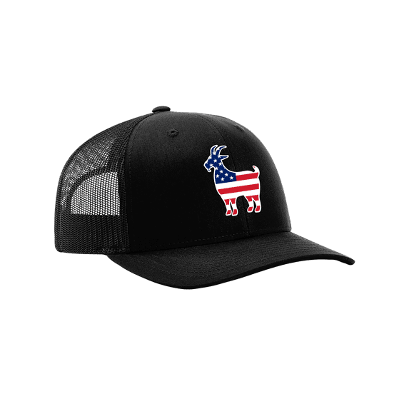 Heritage Pride Embroidered American Flag Filled Farm Animals Patriotic Mesh Back Trucker Hat, Goat, Black/Black