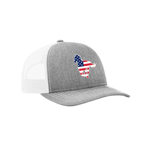 Heritage Pride Embroidered American Flag Filled Farm Animals Patriotic Mesh Back Trucker Hat, Horse, Heather Grey/White
