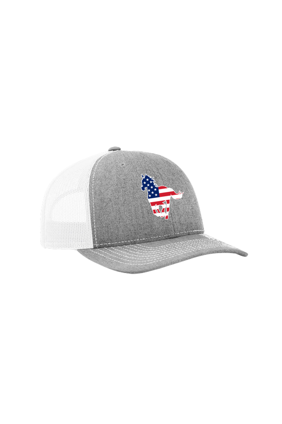 Embroidered American Flag Filled Farm Animals Patriotic Mesh Back Trucker Hat, Horse, Heather Grey/White