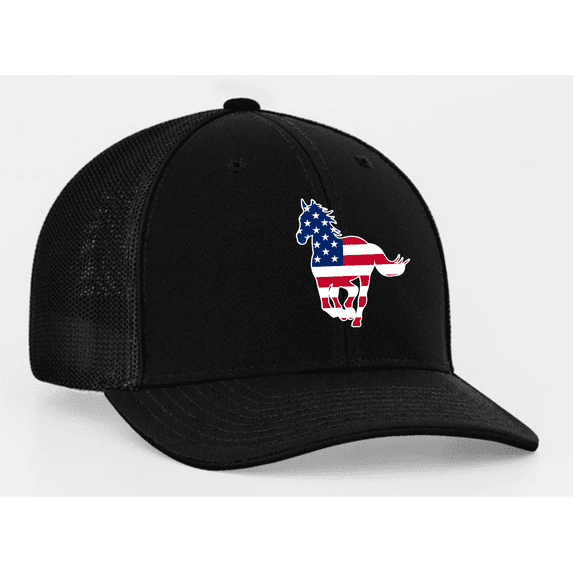 Heritage Pride Embroidered American Flag Filled Farm Animals Youth Children's Mesh Back Trucker Hat, Horse, Black/Black