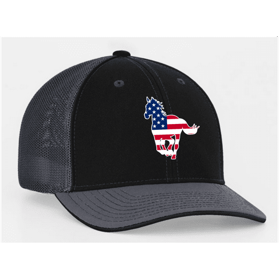 Heritage Pride Embroidered American Flag Filled Farm Animals Youth Children's Mesh Back Trucker Hat, Horse, Charcoal/Black/Charcoal
