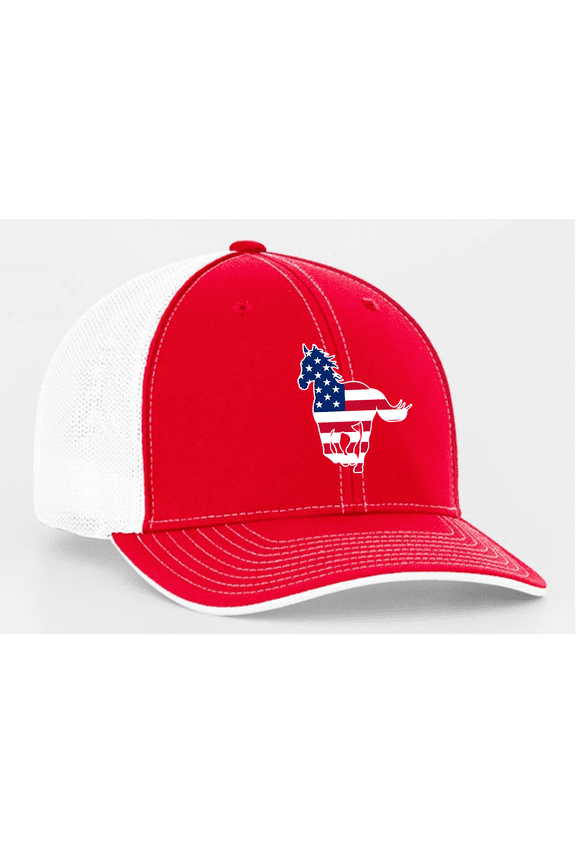 Embroidered American Flag Filled Farm Animals Youth Children's Mesh Back Trucker Hat, Horse, Red/White