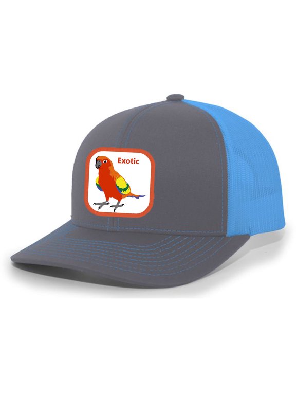 Exotic Bird Hat Animal Embroidered Mesh Back Trucker Hat, Charcoal/Neon Blue