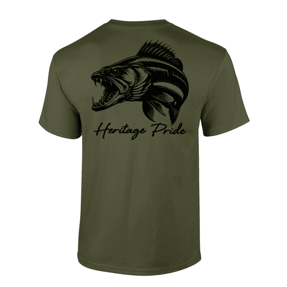 Heritage Pride Fierce Walleye Fishing Outdoors Short Sleeve T-shirt-Military Green-large
