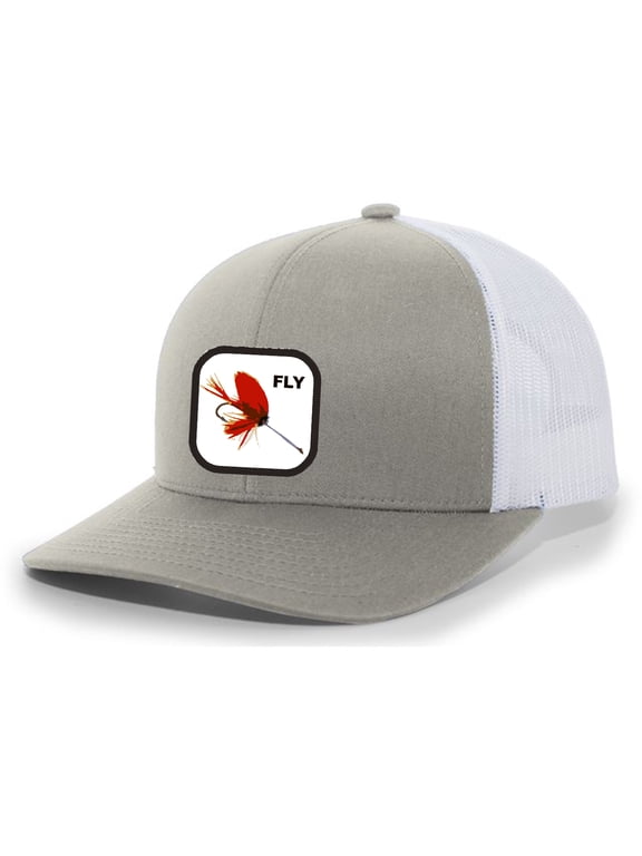 Fish Hat Red Fly Fishing Lure Embroidered Patch Mesh Back Trucker Hat Saltwater Fishing Freshwater Fishing Baseball Cap, Silver/White