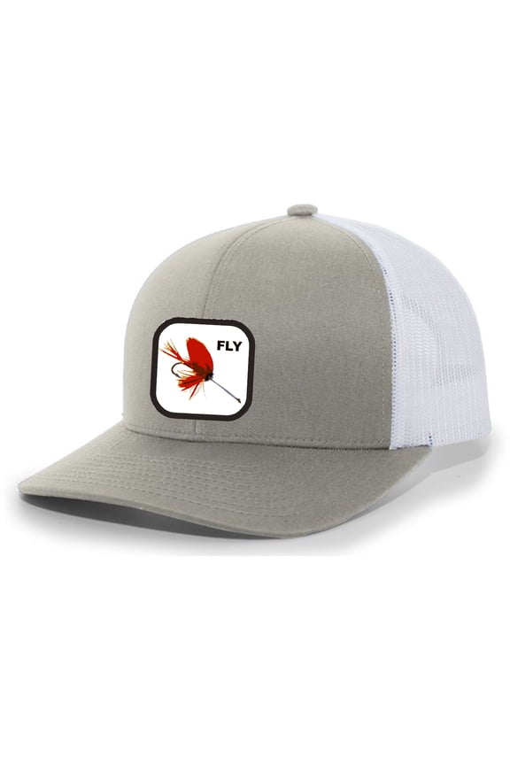 Fish Hat Red Fly Fishing Lure Embroidered Patch Mesh Back Trucker Hat Saltwater Fishing Freshwater Fishing Baseball Cap, Silver/White