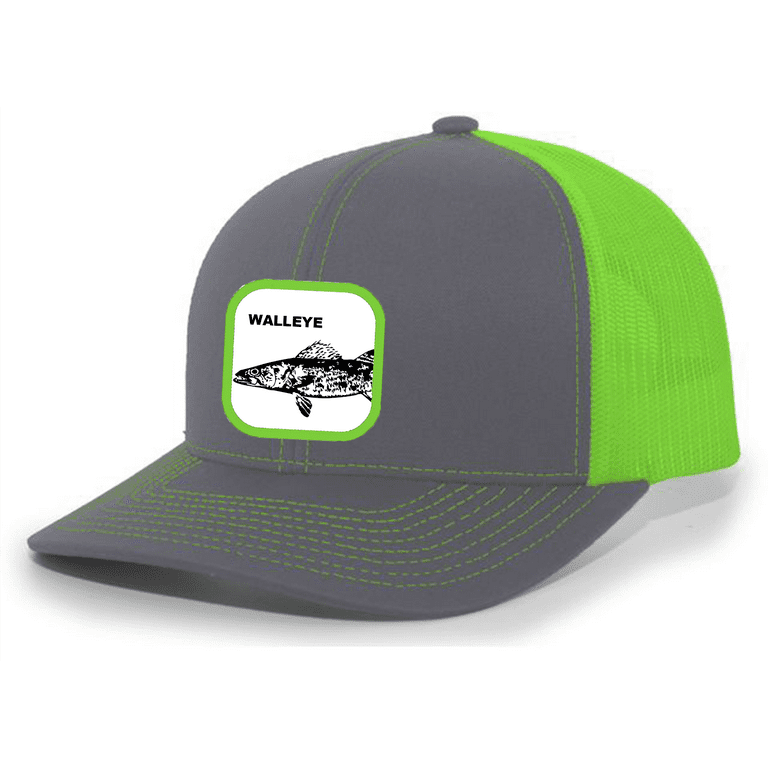 Heritage Pride Fish Hat Walleye Embroidered Patch Mesh Back Trucker Hat  Baseball Cap, Charcoal/Neon Green